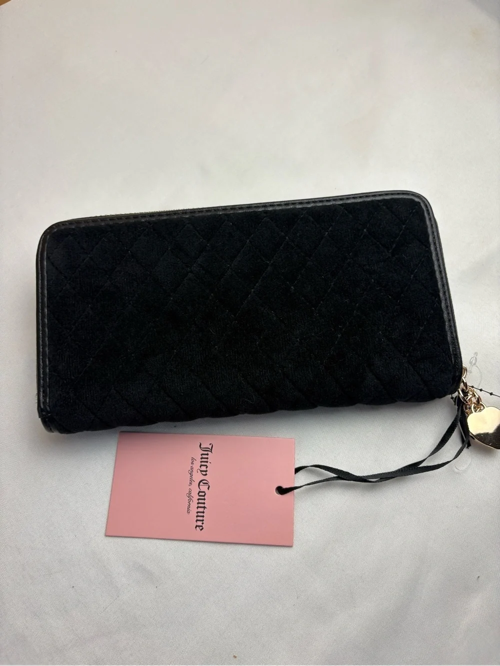 Juicy Couture Black Quilted Velvet Bow Zip Wallet with Heart Charm